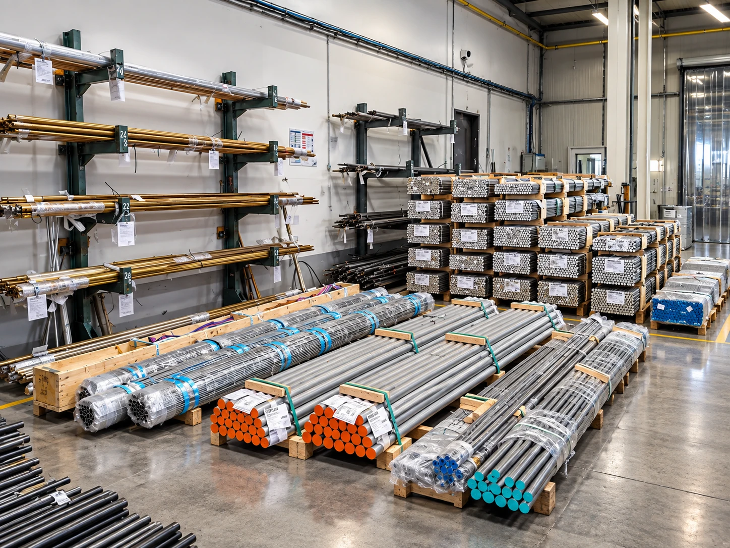 Raw material store with brass, aluminium and steel bars