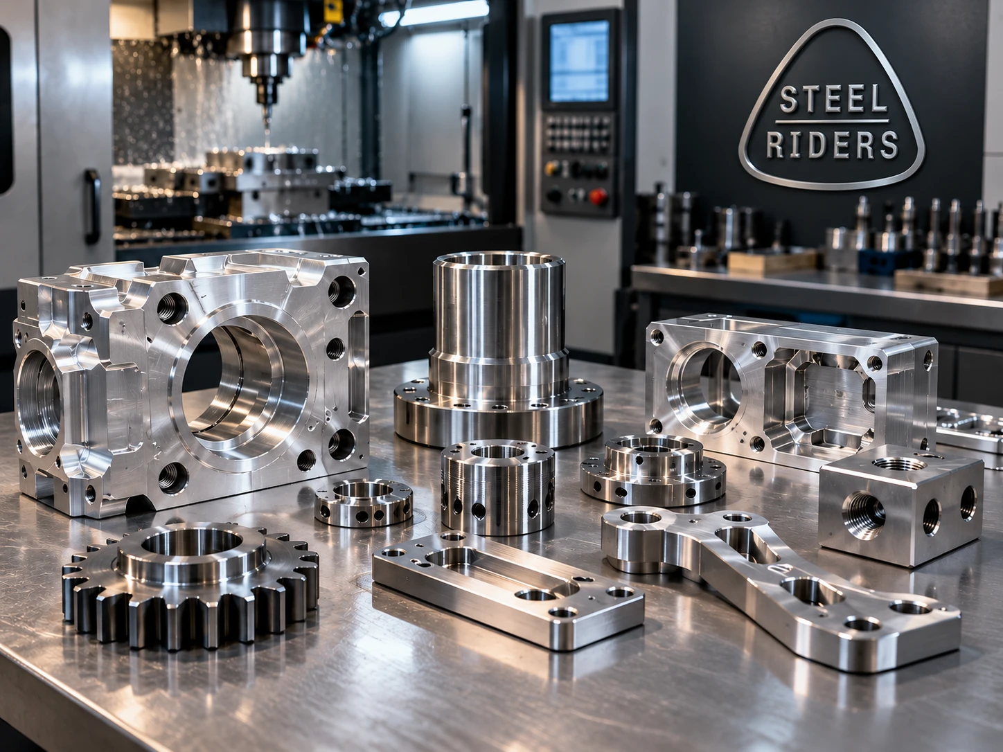 Milled and turned parts in front of the machining centre