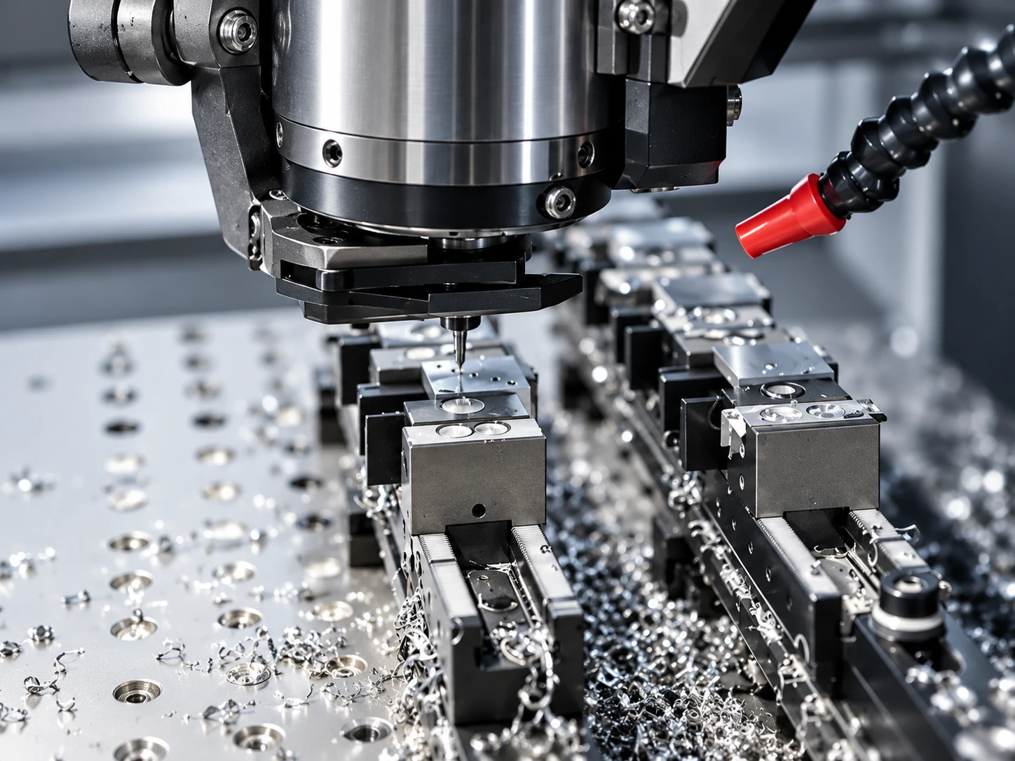 Machining centre at work with multiple vices
