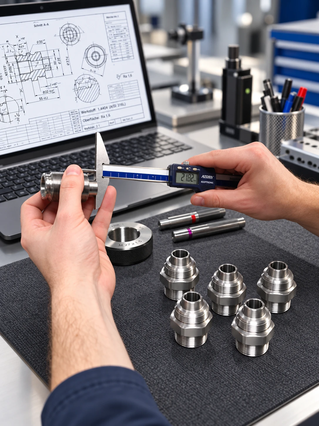 Measuring a turned part against the drawing