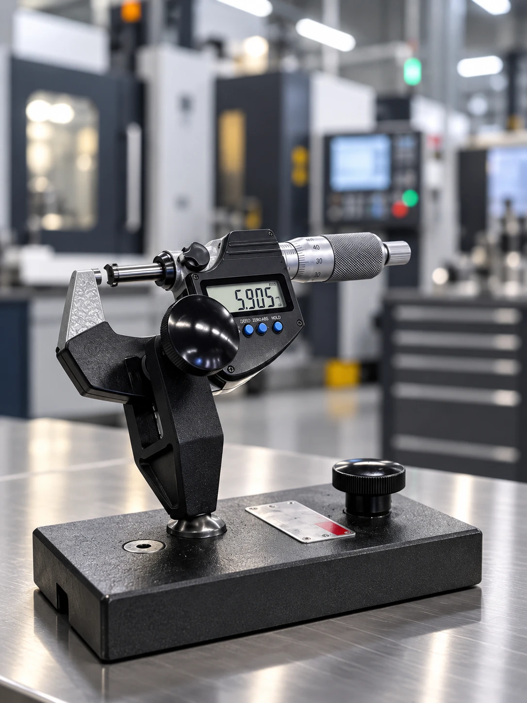 Digital micrometer on a stand next to the machines