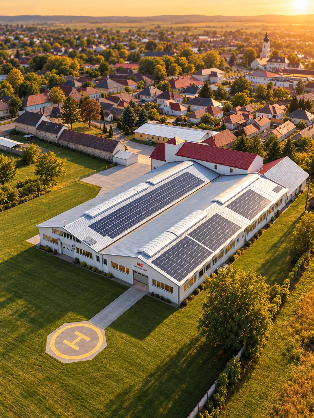 Steel Riders Kft. production halls with solar roofs and helipad, Verpelét